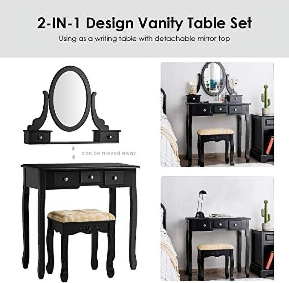 White Vanity Table Set with Rotatable Mirror, Cushioned Stool & 5 Drawers C224113