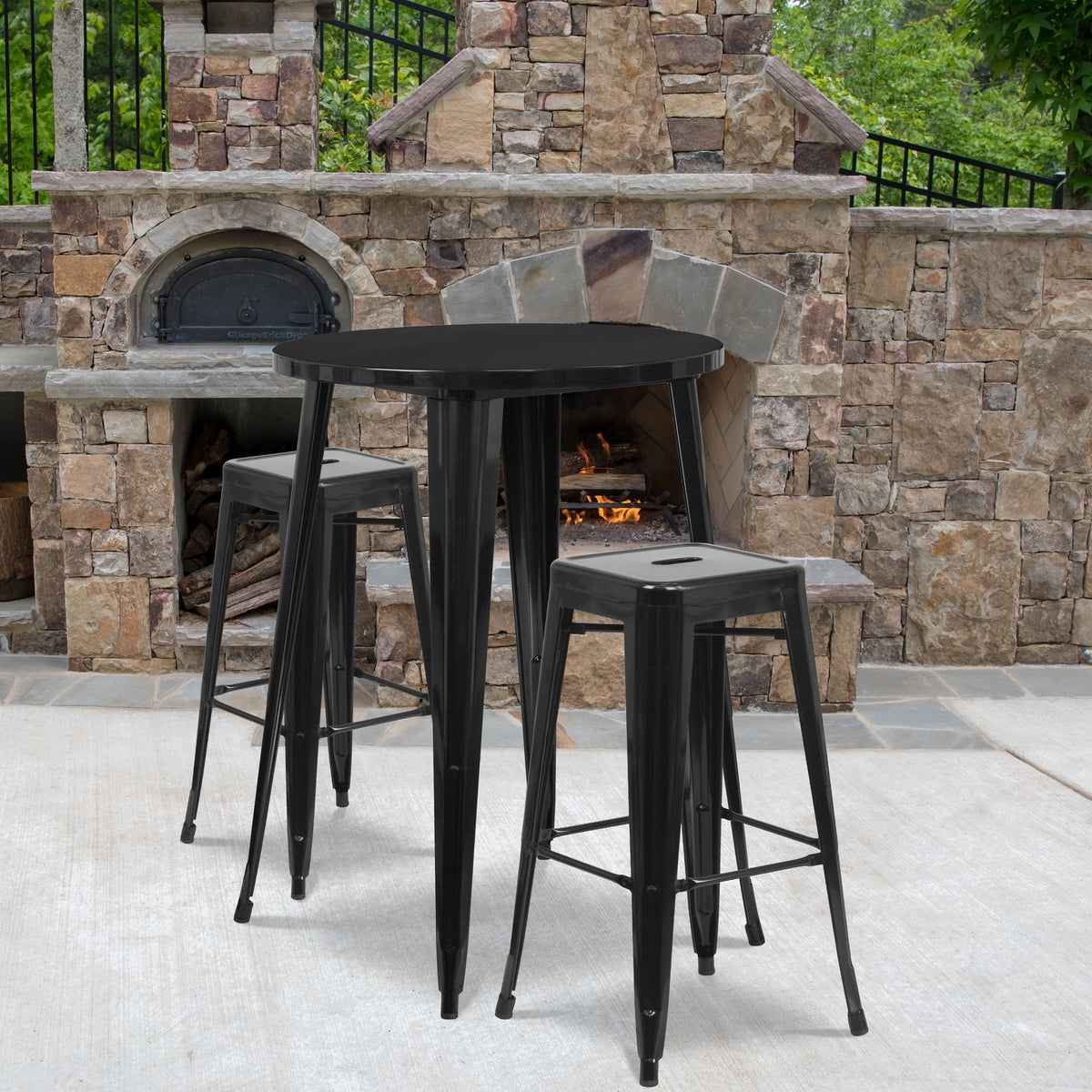 30" Round Black Metal Indoor-Outdoor Bar Table Set with 2 Backless Stools Y23522