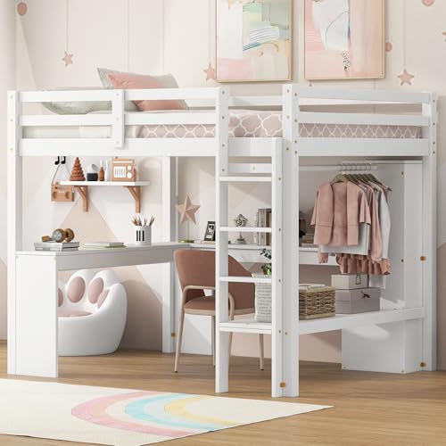 Full Size White Wood Loft Bed with Desk and Shelves L795859