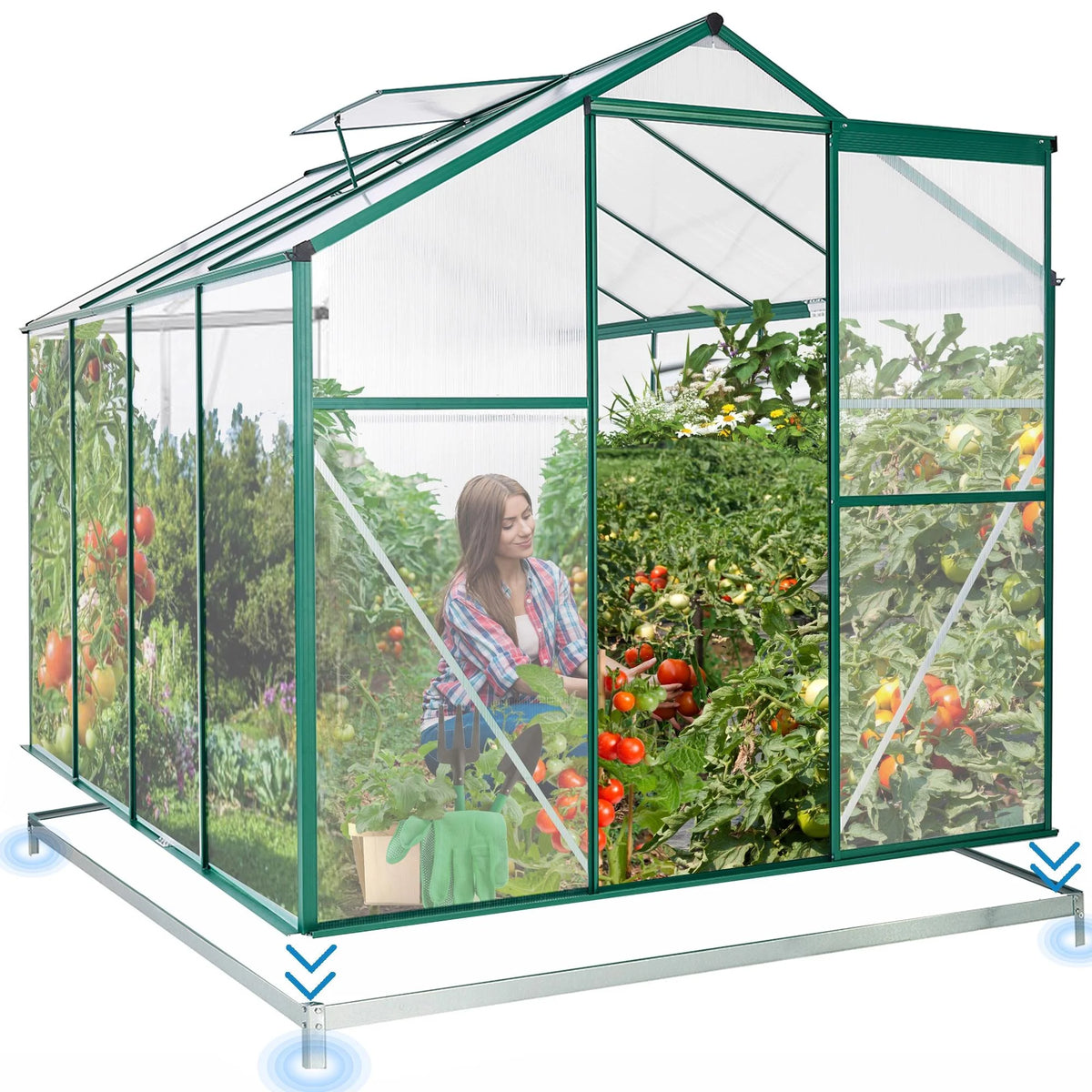 8x6FT Polycarbonate Walk in Greenhouse with Window & Sliding Door T103288
