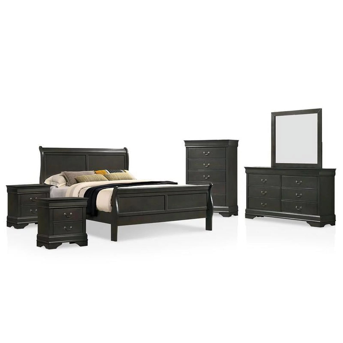 King 6pc Gray Wood Bed Set with Nightstands Chest Dresser Mirror Y401807