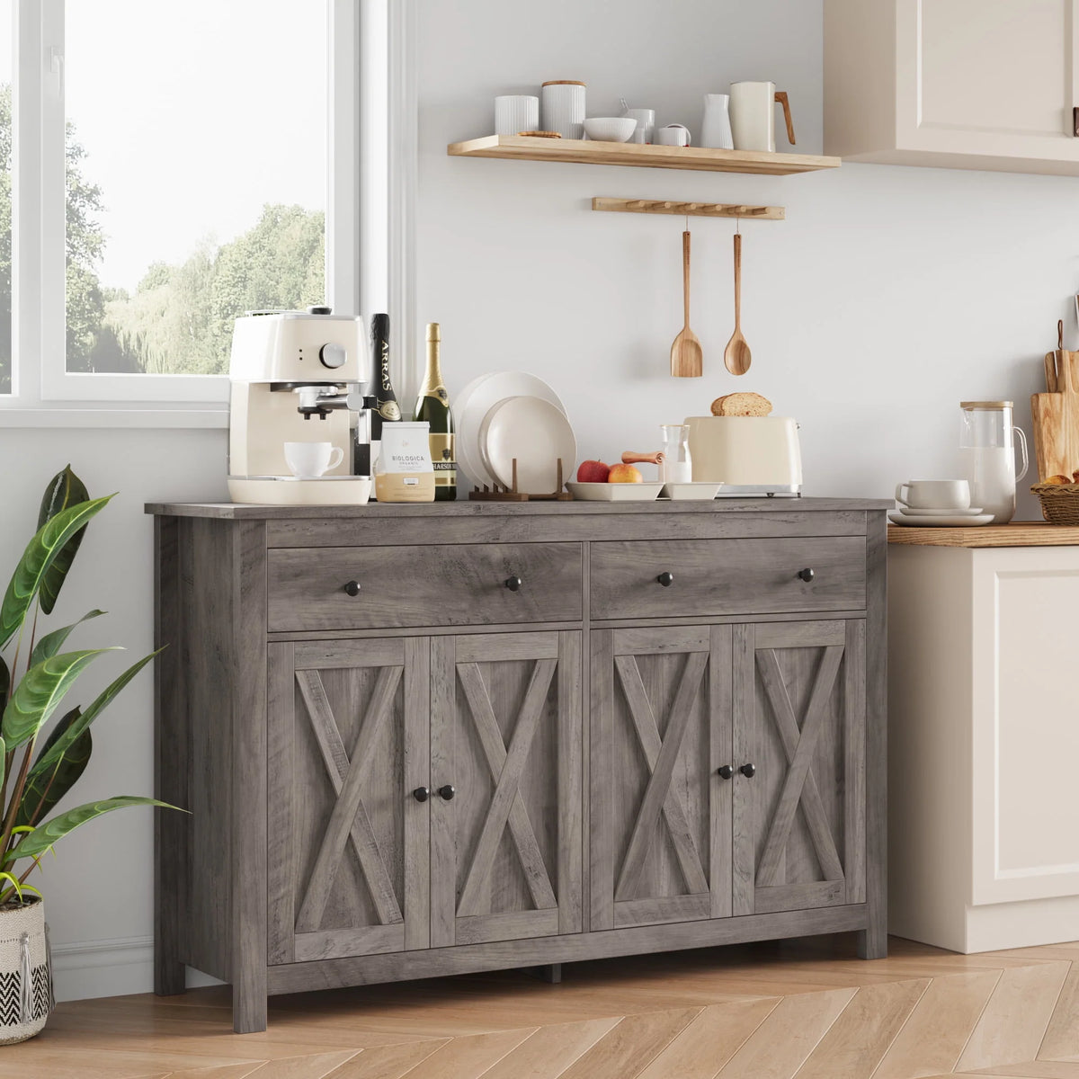 White 4-Doors 2-Drawers Wood Storage Cabinet with Adjustable Shelves A330