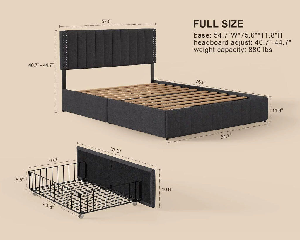 Full Bed Frame with 4 Drawers and Adjustable Headboard Dark Grey B771207