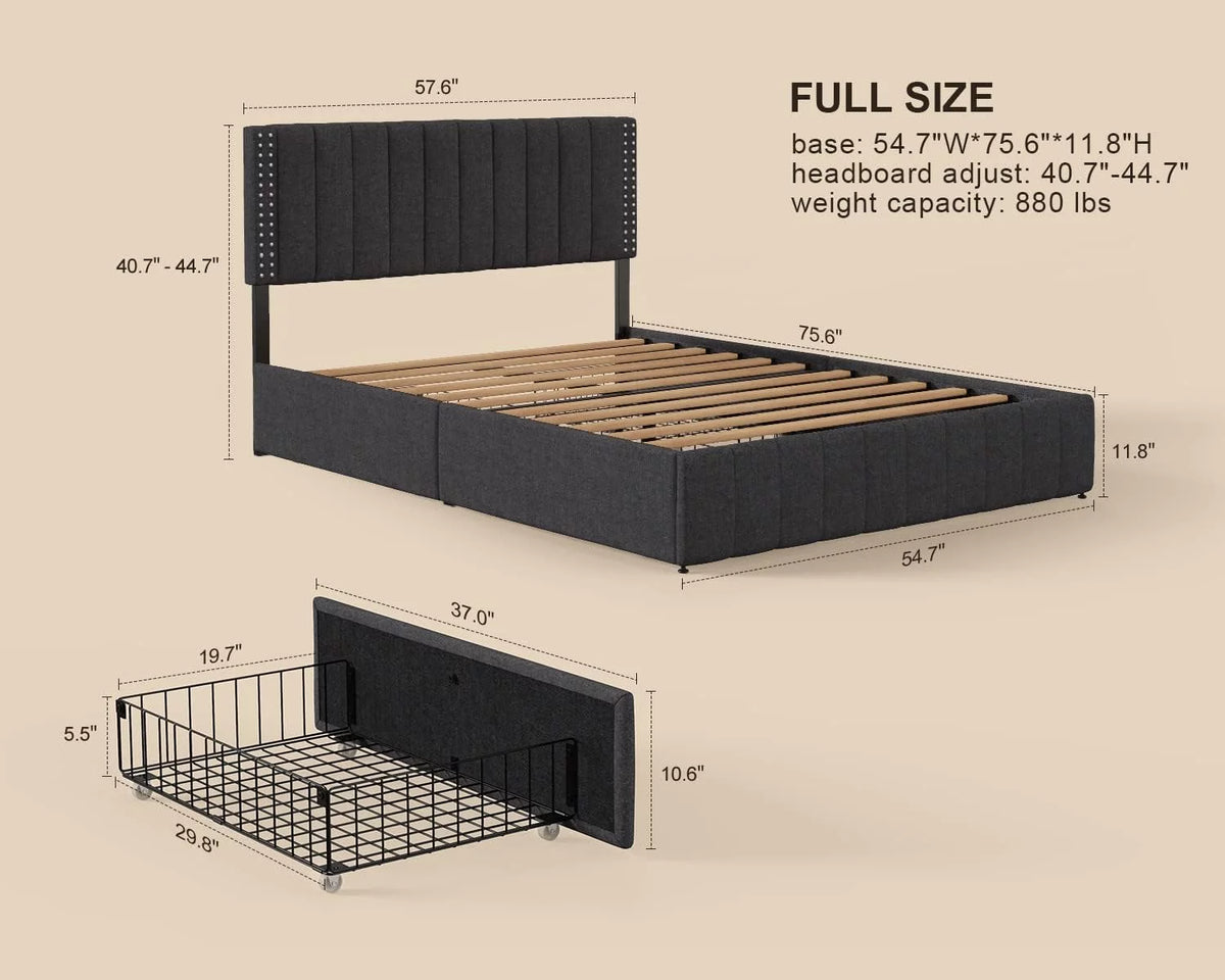 Full Bed Frame with 4 Drawers and Adjustable Headboard Dark Grey B771207