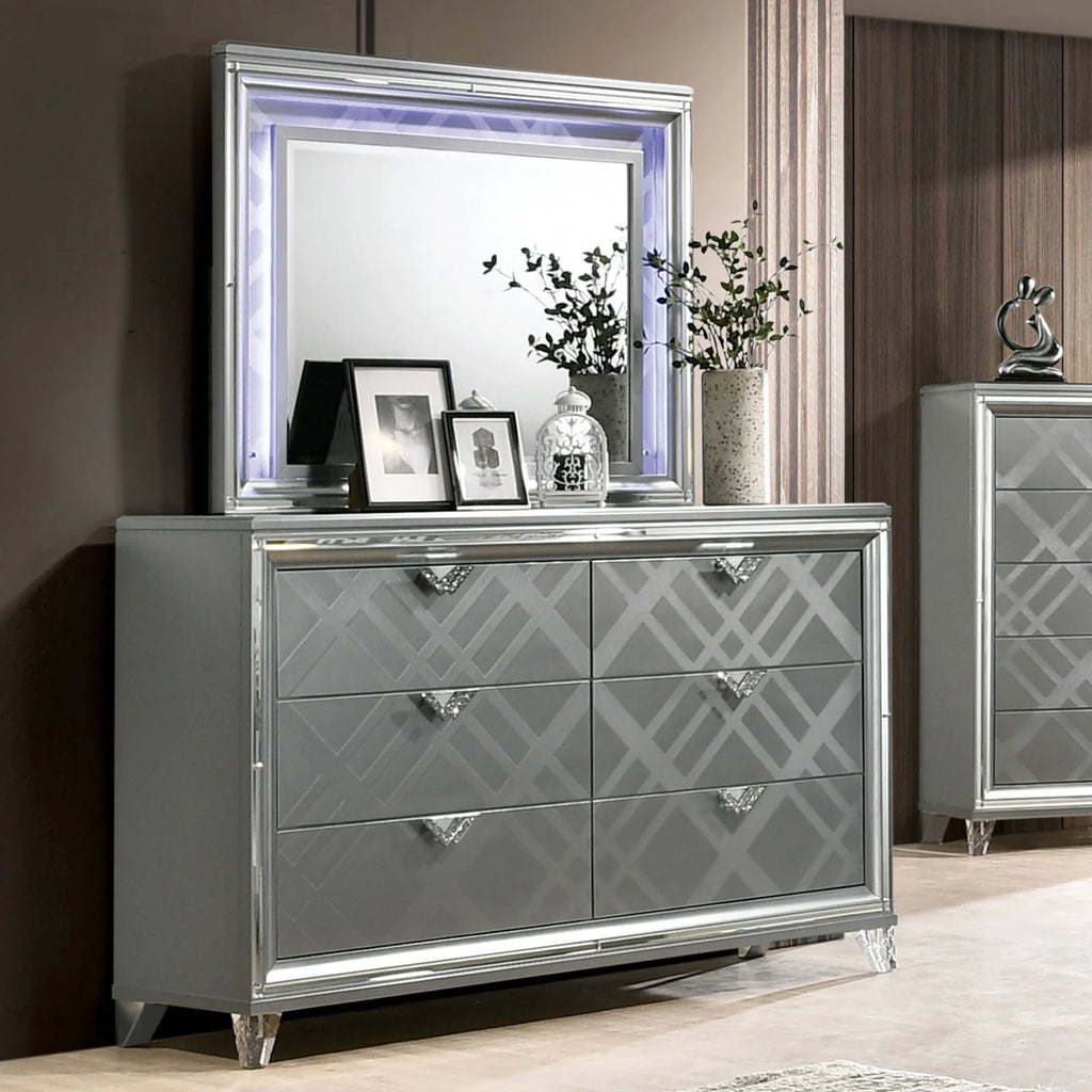 Silver Eastern King Size 5pc Bedroom Set with LED Dresser Mirror Nightstands H6856