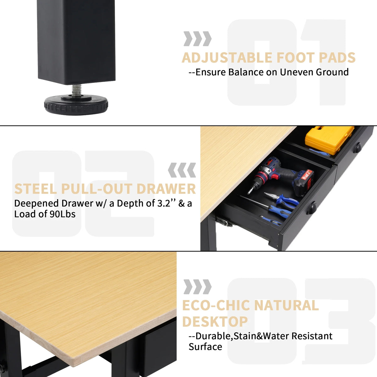 55'' Adjustable Work Bench with Power Outlets and Drawers U7518
