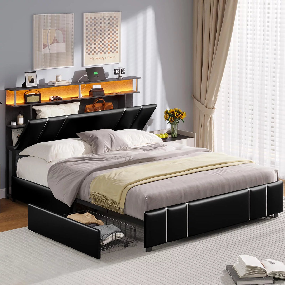 Full Size LED Upholstered Platform Bed with 4 Storage Drawer N9396