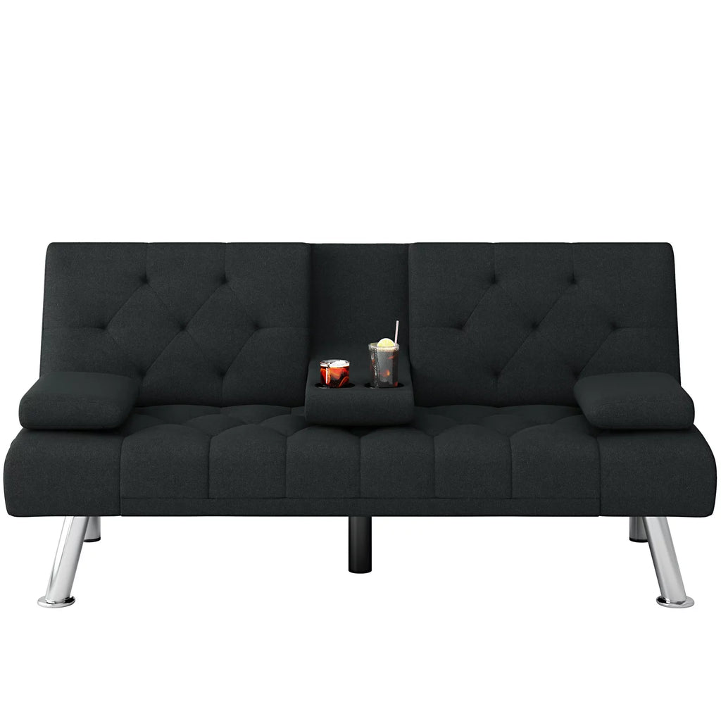 Black Convertible Upholstered Sofa Bed with Cupholders A57979