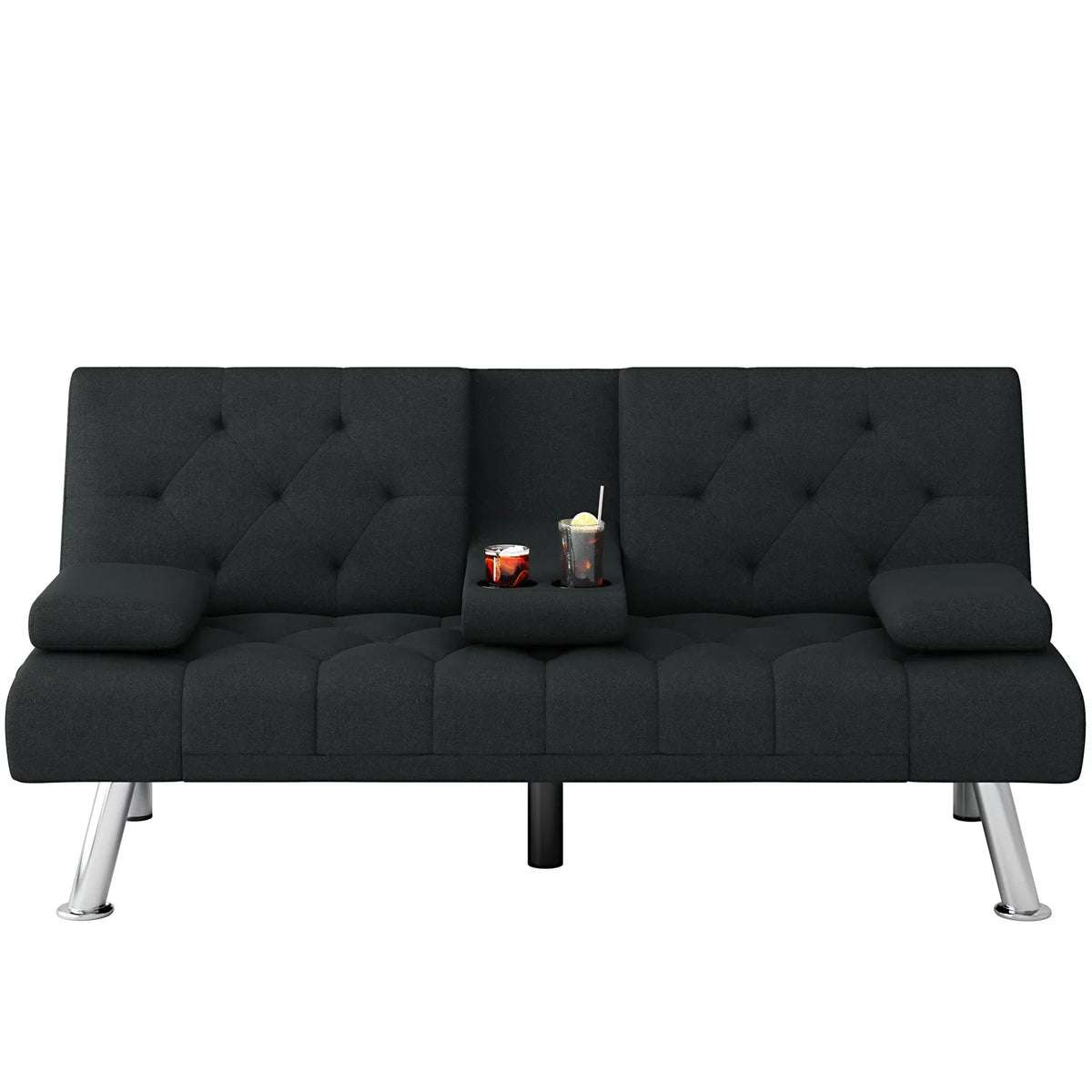 Black Convertible Upholstered Sofa Bed with Cupholders A57979
