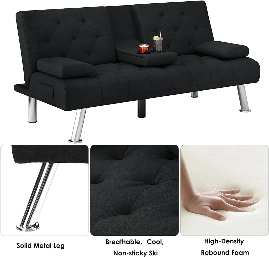 Black Convertible Upholstered Sofa Bed with Cupholders A57979