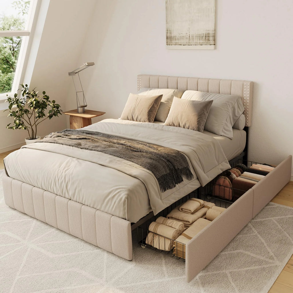 Full Bed Frame with 4 Drawers and Adjustable Headboard Dark Grey B771207