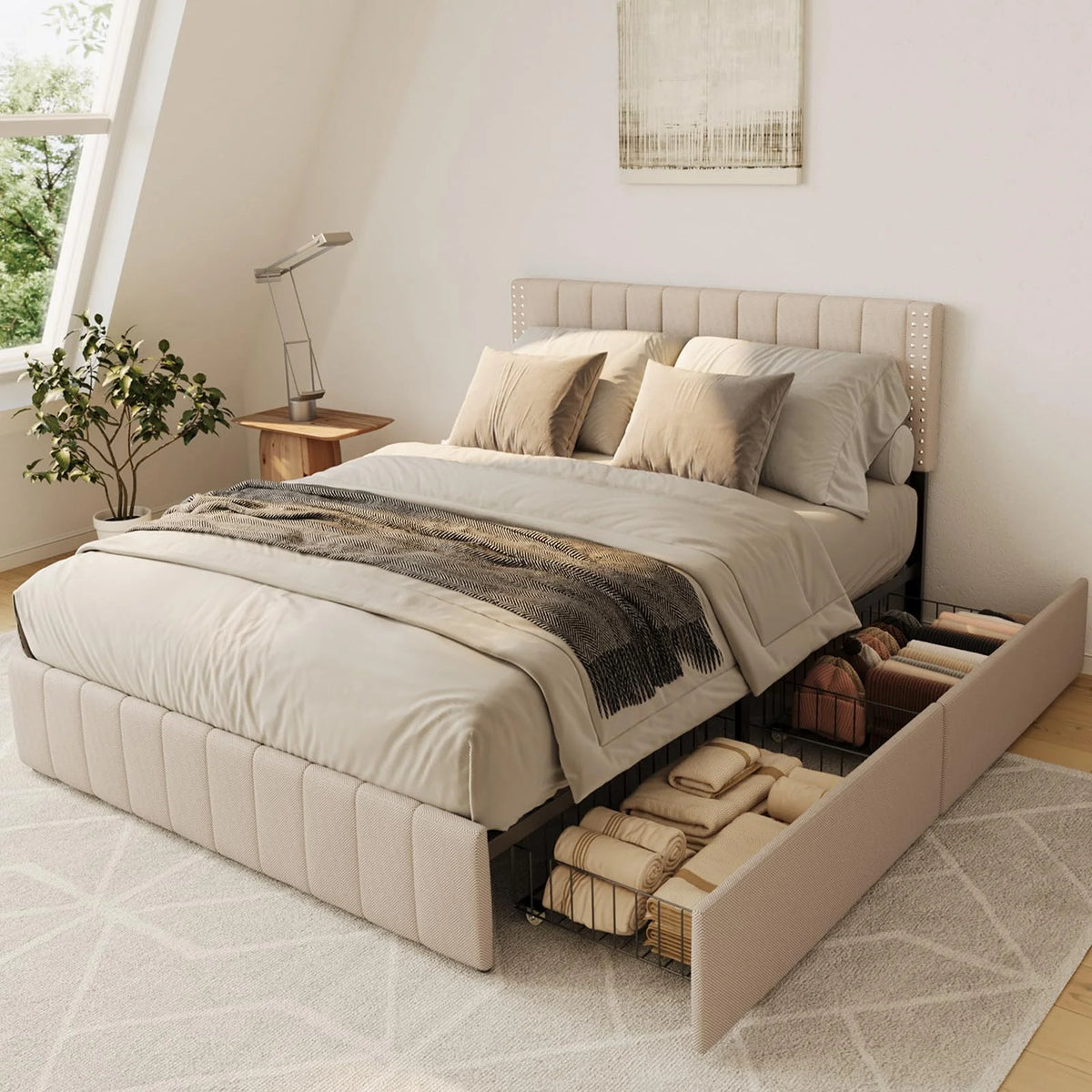 Full Bed Frame with 4 Drawers and Adjustable Headboard Dark Grey B771207