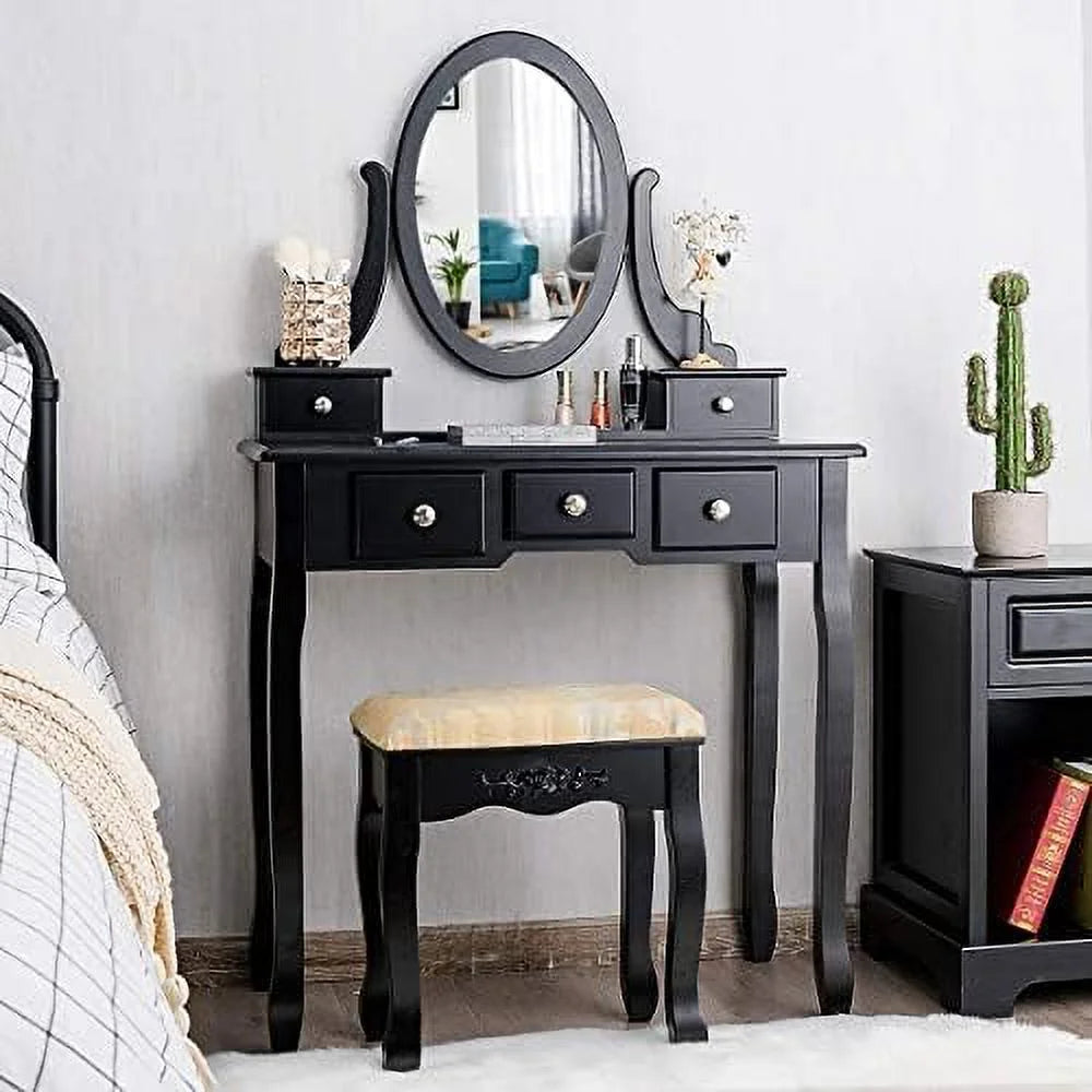 White Vanity Table Set with Rotatable Mirror, Cushioned Stool & 5 Drawers C224113