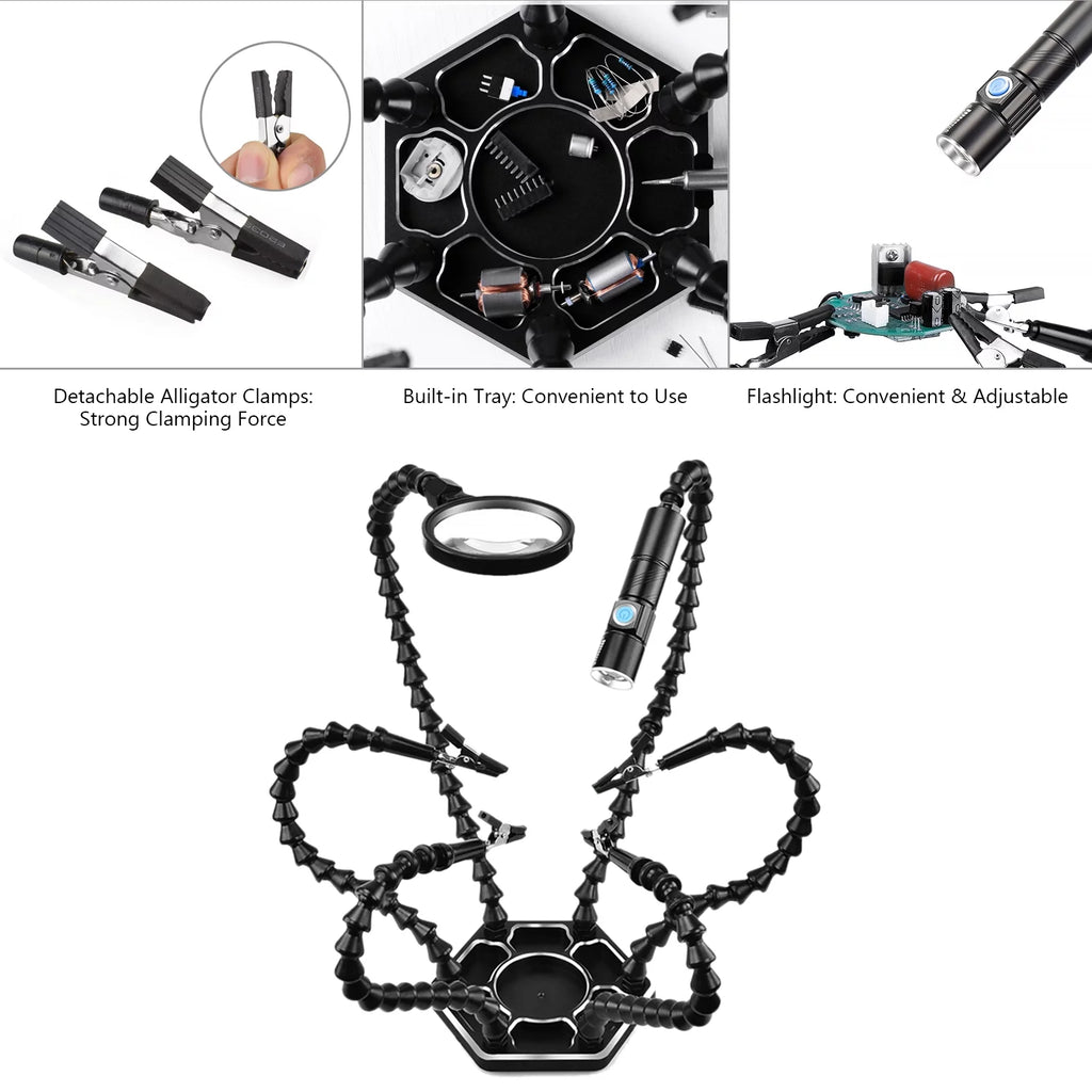 Soldering Third Hand PCB Tool with 6 Flexible Arms Black A439437