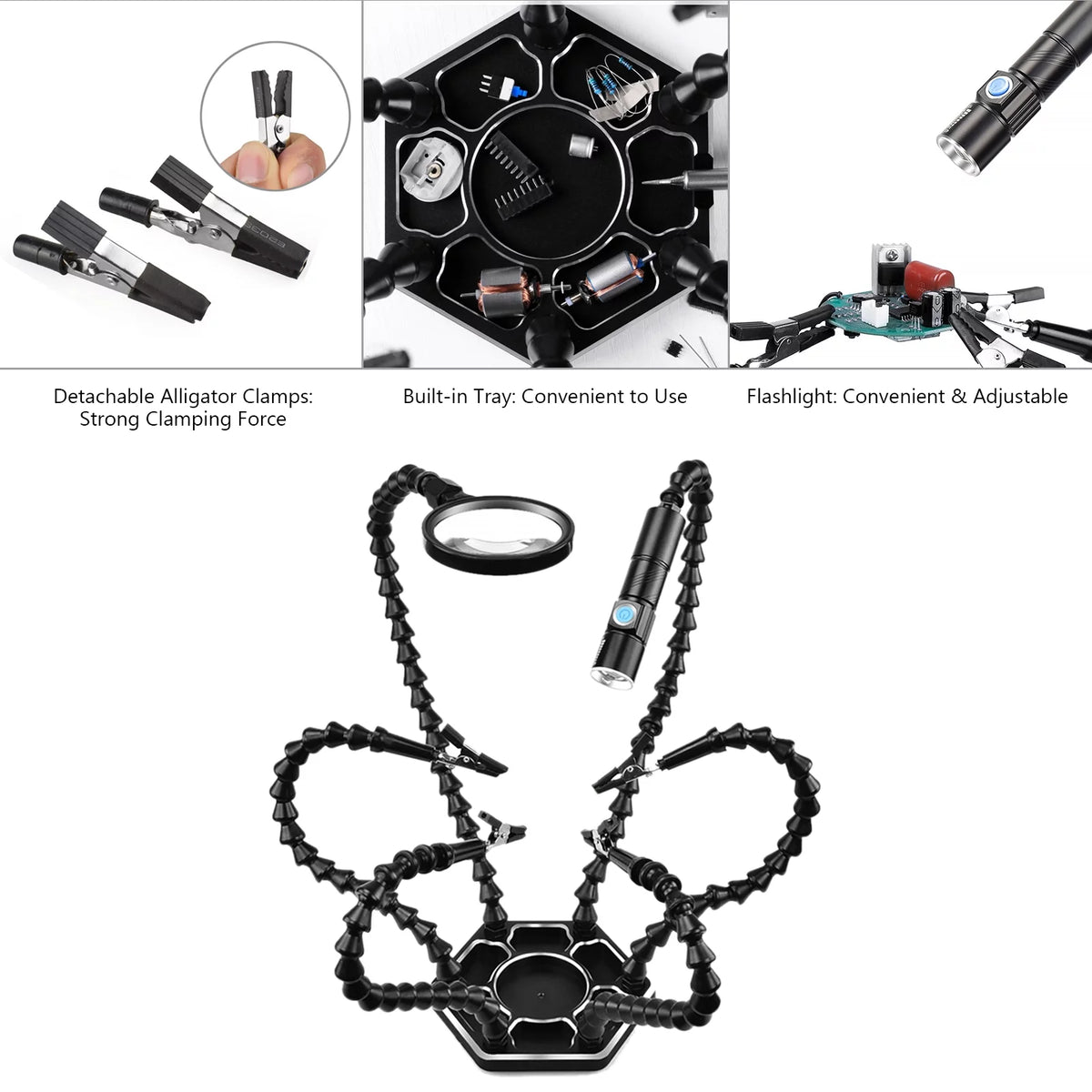 Soldering Third Hand PCB Tool with 6 Flexible Arms Black A439437
