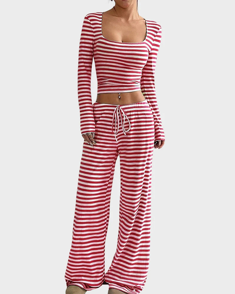 Stripe Crop Top & Wide Leg Two-Piece Lounge Set H313
