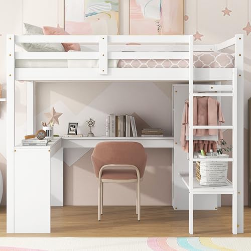 Full Size White Wood Loft Bed with Desk and Shelves L795859
