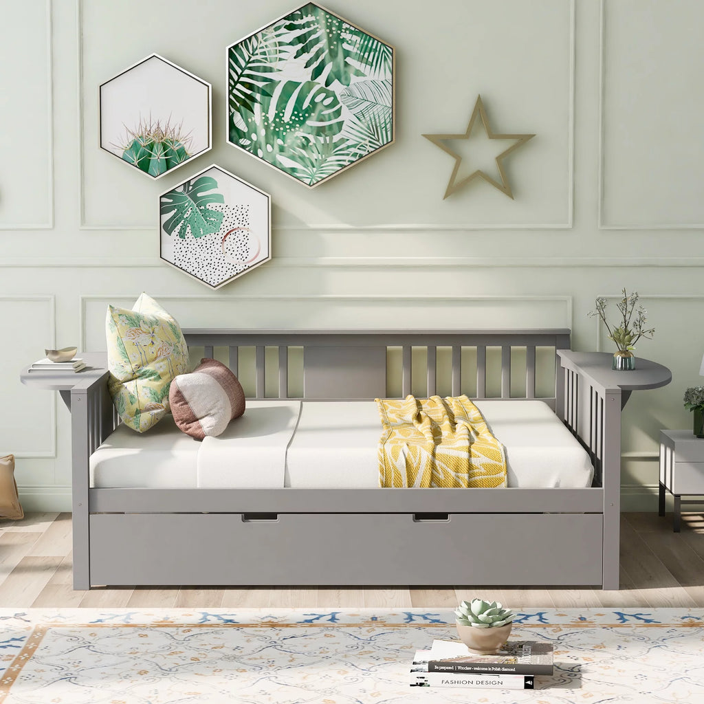 Grey Full Size Wood Bed Frame with Casters N144