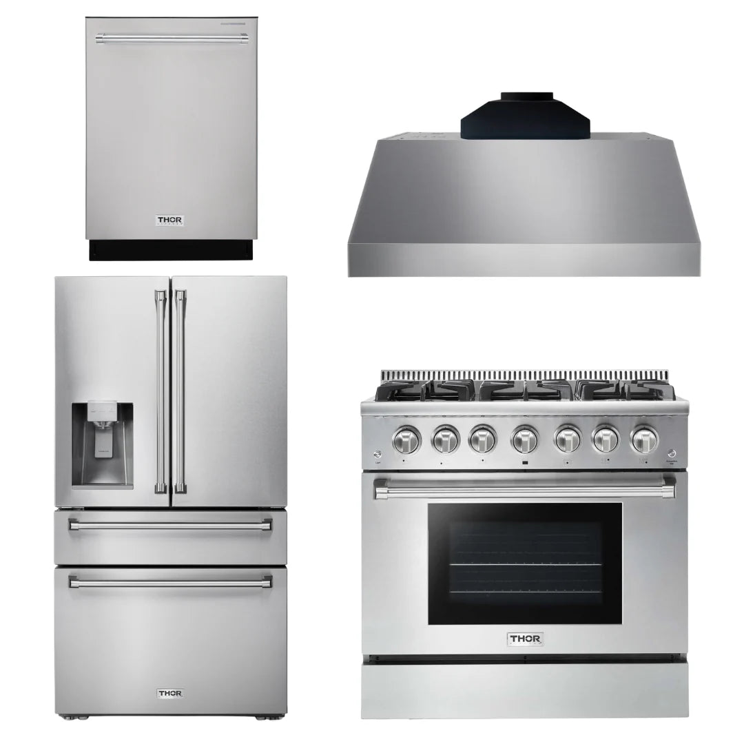 36 Gas Range, Range Hood, Refrigerator with Water and Ice Dispenser, Dishwasher C42903